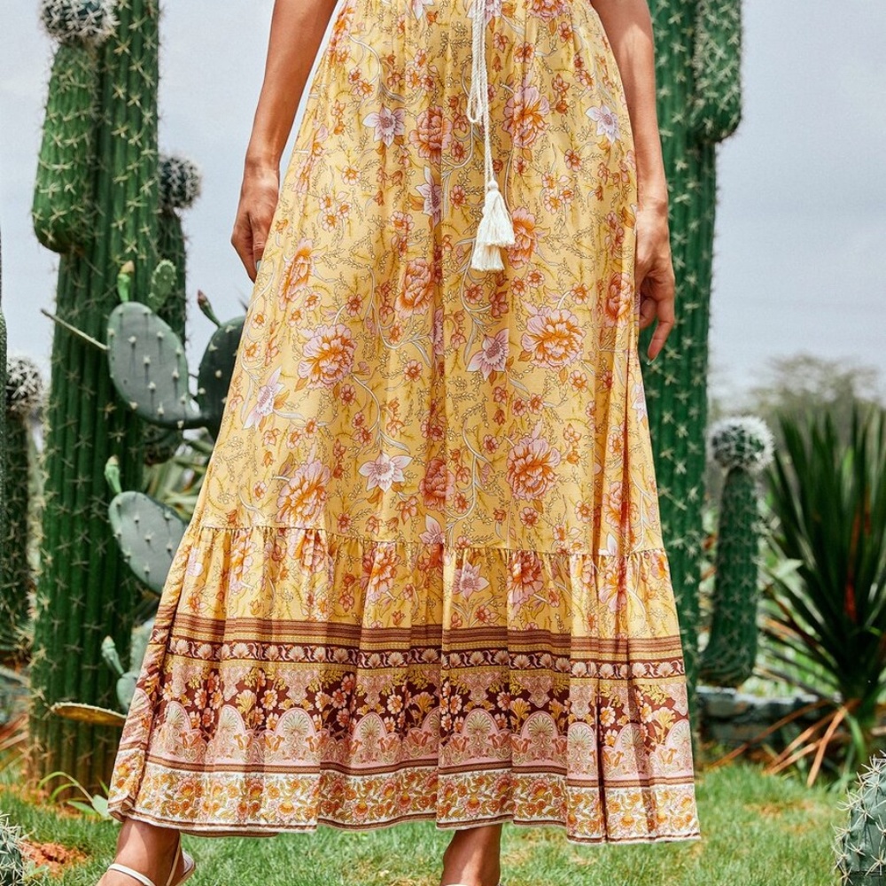Boho Yellow Floral Tassel Ruffle Maxi Skirt Gypsy - Picture 14 of 15